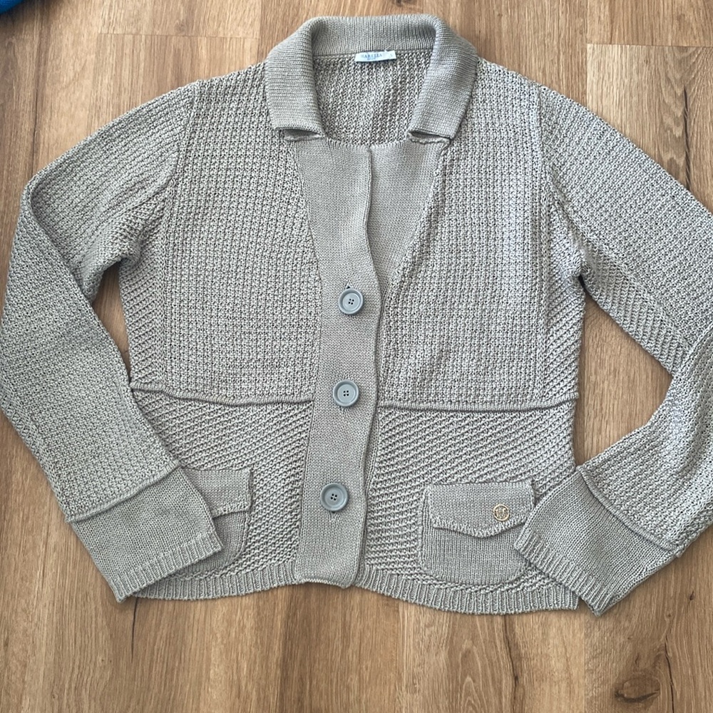 Marella gray crochet knit 100% cotton cardigan sweater Sz Large